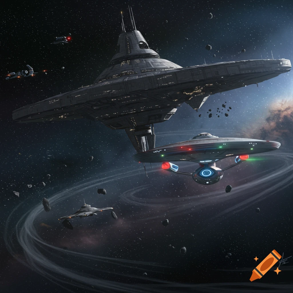 A large, dark space station with a sleek Starfleet-style spaceship and smaller vessels orbiting in a nebula-filled asteroid field.