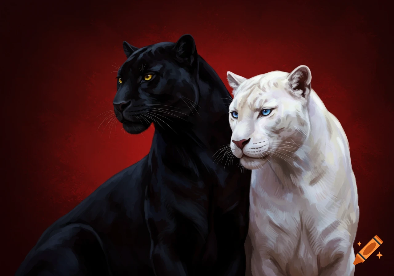 A digital painting of a black panther and a white panther sitting side-by-side against a vibrant red background.