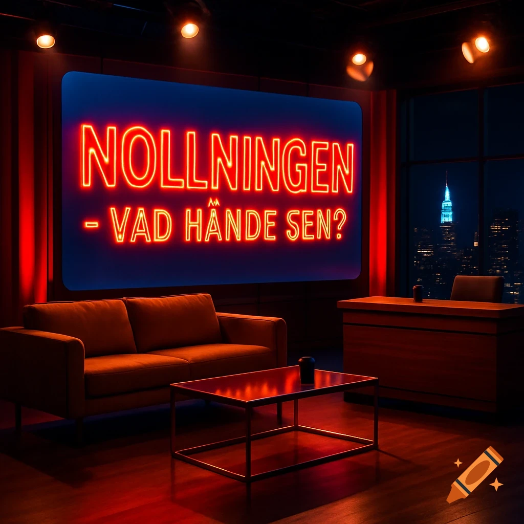 A dark TV talk show set with an orange couch and coffee table, an anchor's desk, and a large neon sign displaying "NOLLNINGEN - VAD HÄNDE SEN?"
