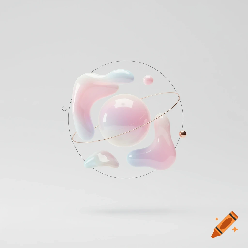 Abstract minimalist digital art with a central gradient sphere, floating pastel amorphous shapes, golden rings, and small metallic spheres.