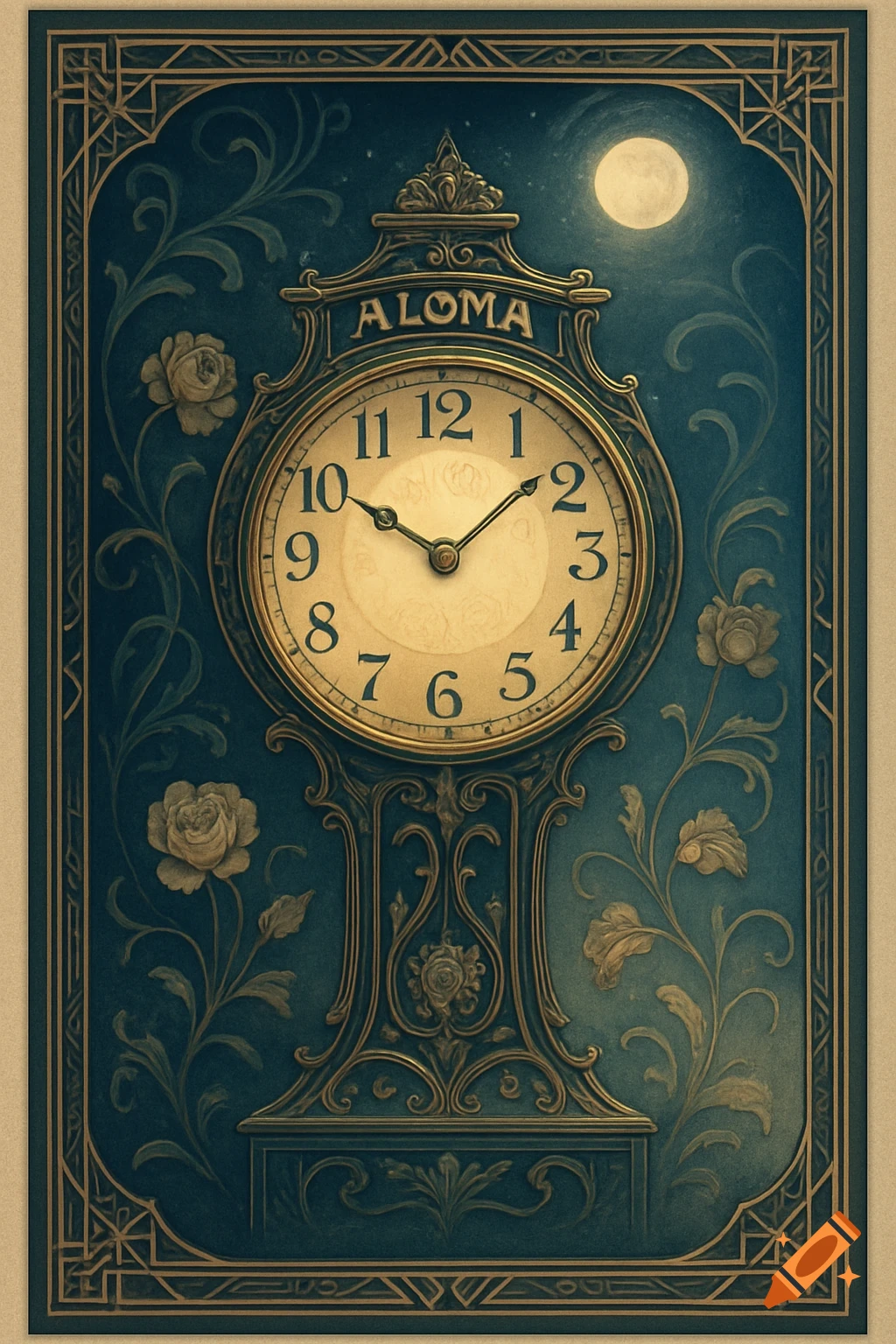 Ornate art deco clock with 'ALOMA' on its face, surrounded by floral patterns under a full moon in a deep teal and gold color scheme.