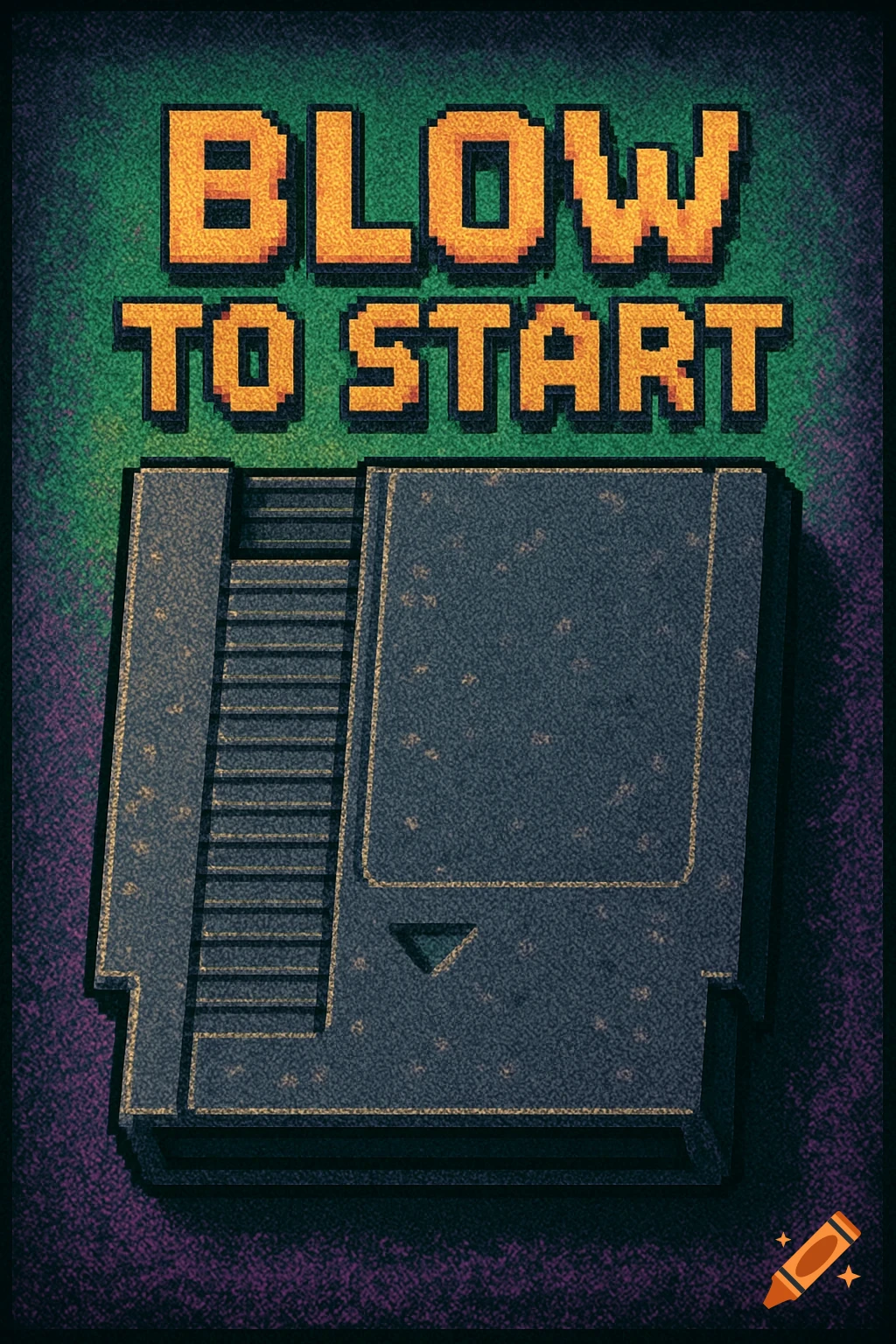 Pixel art illustration of a retro video game cartridge with the text "BLOW TO START" above it.