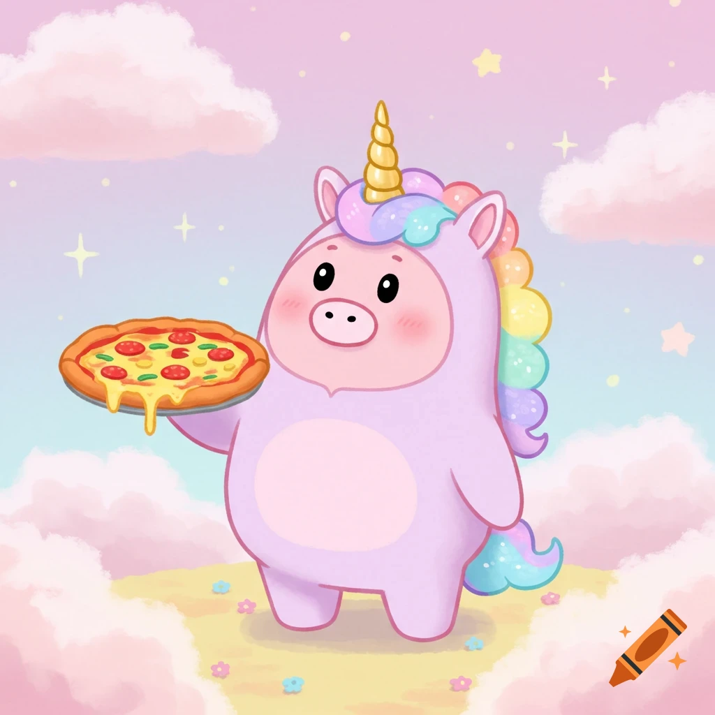 Cute cartoon character in a pink unicorn costume holding a pizza, against a pastel sky with clouds and stars.