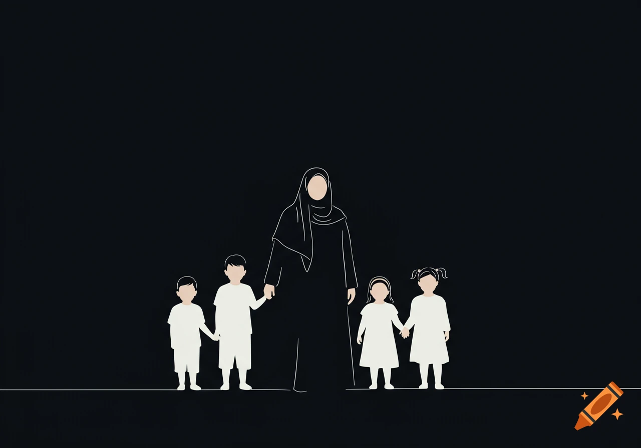 Minimalist illustration of a woman in a hijab holding hands with two boys and two girls against a dark background.