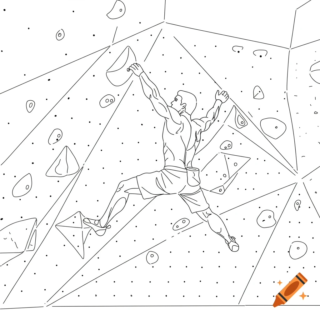 Line art drawing of a muscular man climbing a bouldering wall, reaching for a handhold.