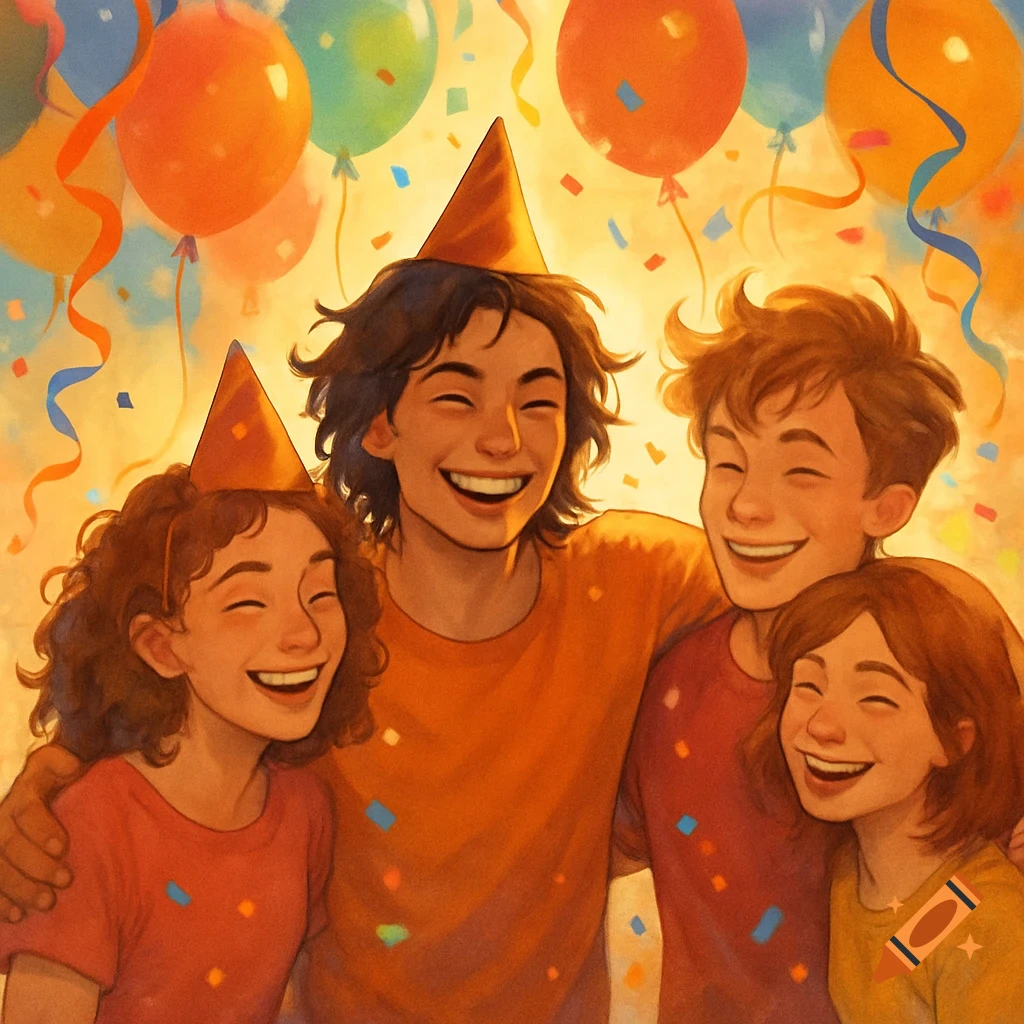 Four happy friends in party hats, surrounded by colorful balloons and confetti, celebrating a birthday in a warm, illustrative style.