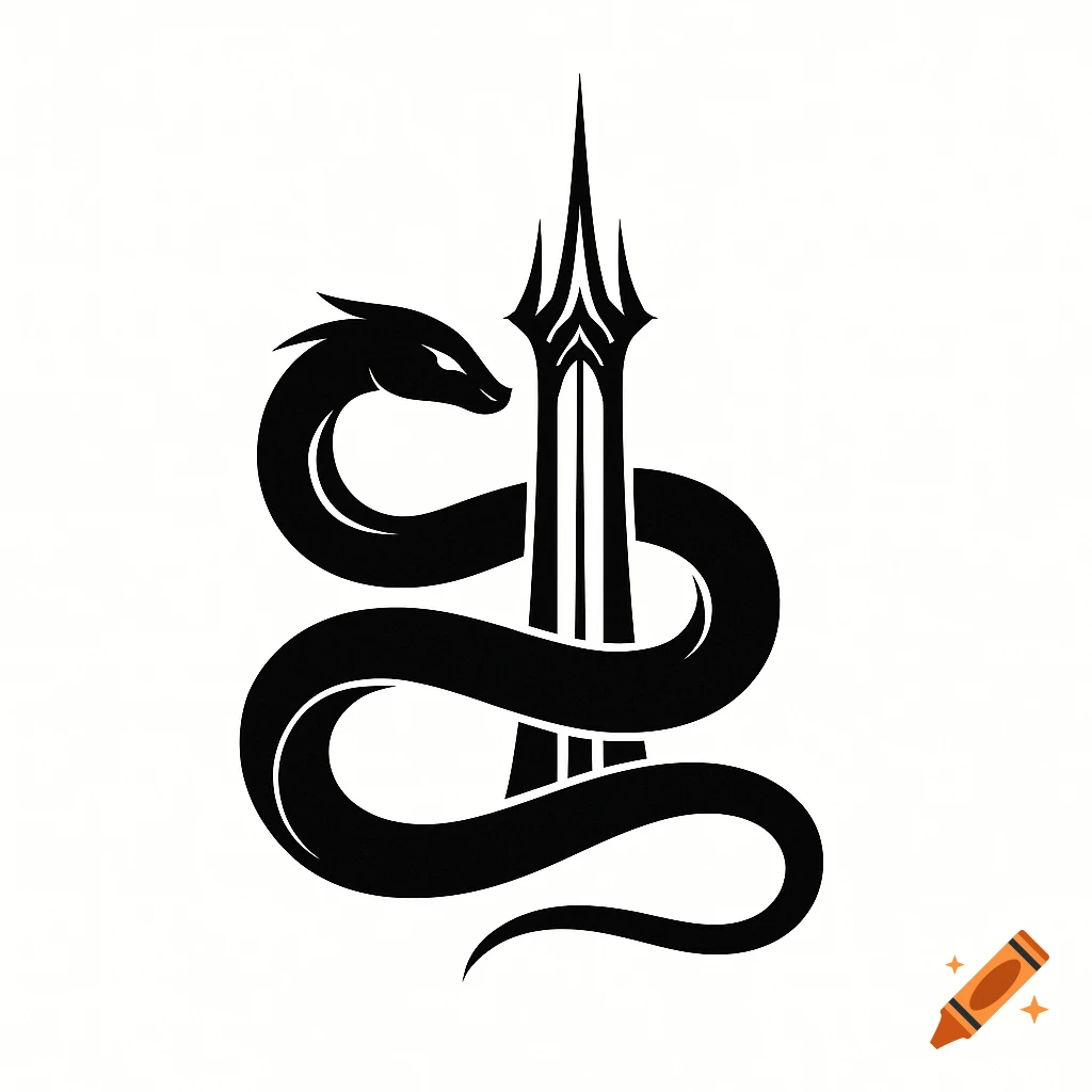 A black silhouette logo featuring a stylized serpent coiling around a sharp, ornate tower or sword on a white background.