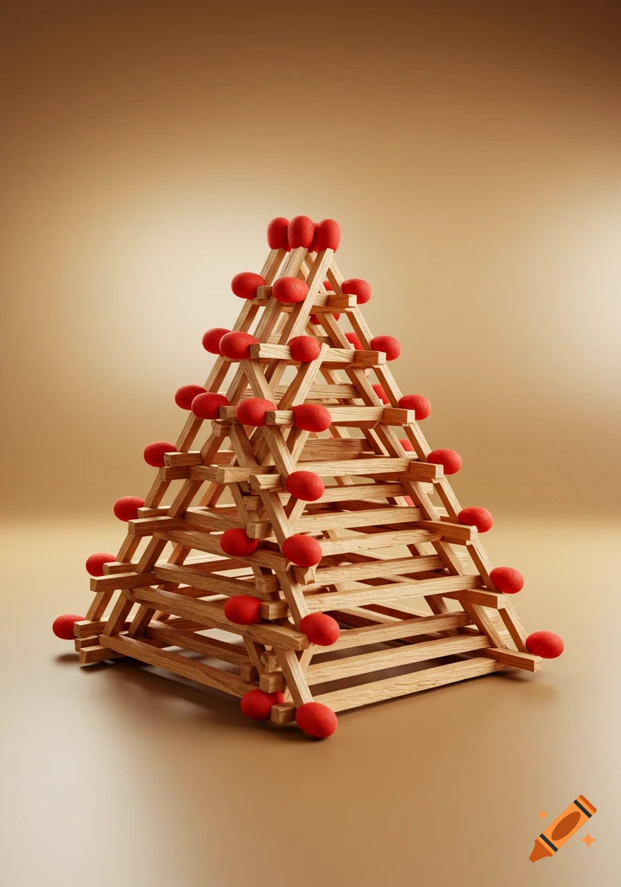 A photorealistic 3D rendering of a pyramid structure made of wooden matchsticks with red tips, on a brown background.
