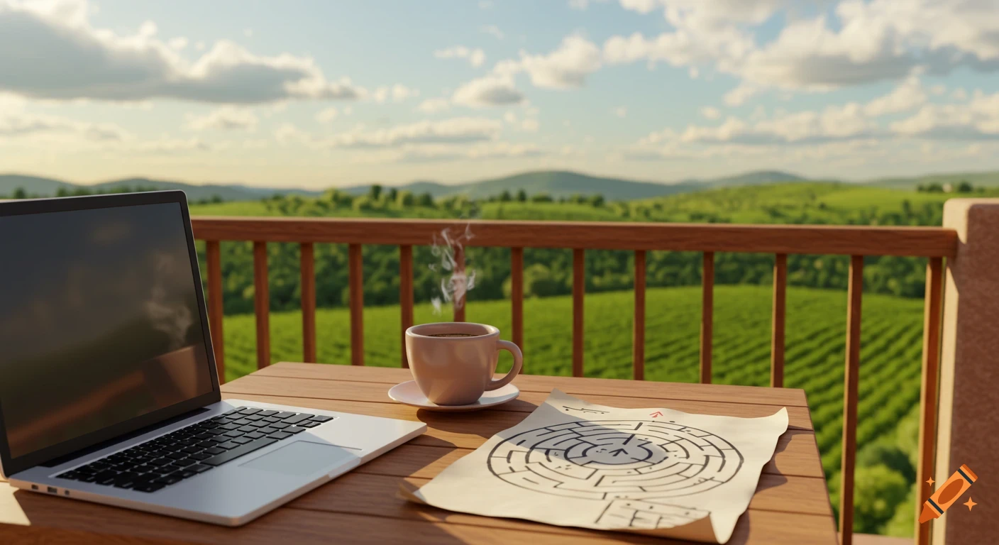 3D render of a laptop, steaming coffee, and a maze paper on a table overlooking green hills and a cloudy sky from a balcony.