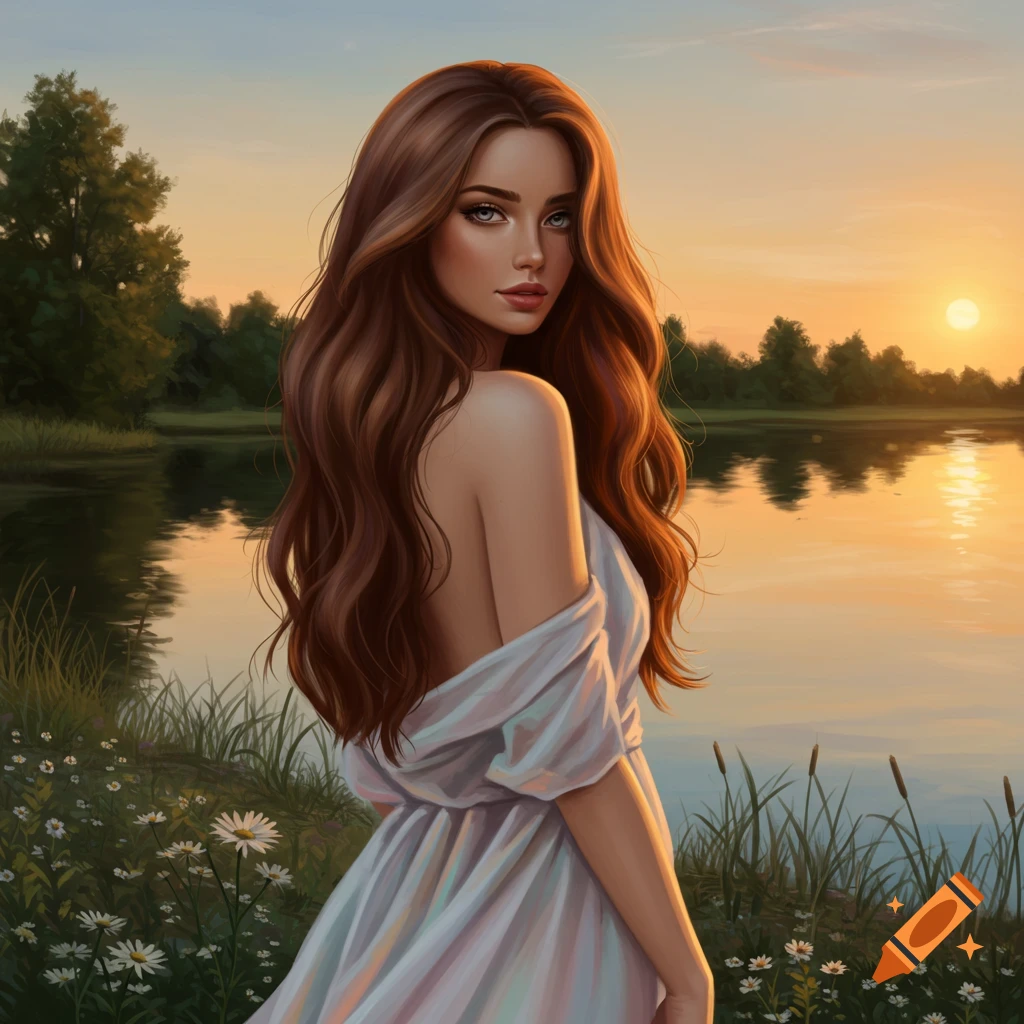 Digital painting of a beautiful woman with long brown hair in a white dress by a lake at sunset.
