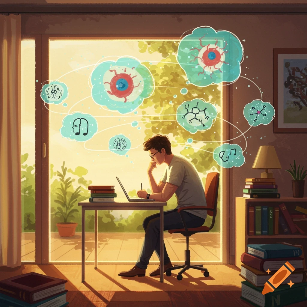 An illustration of a student on a laptop, surrounded by thought bubbles depicting abstract symbols of eyes, brains, and music notes.