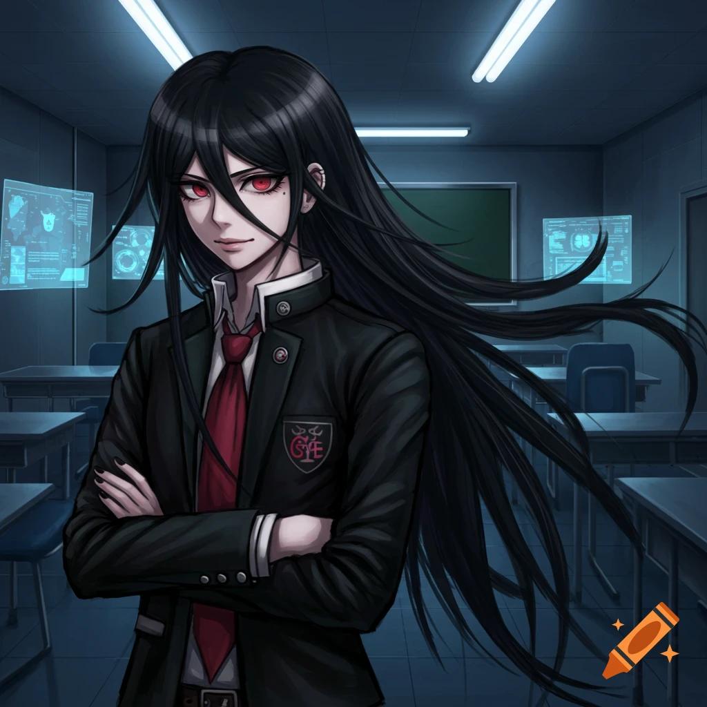 Anime character with long black hair, red eyes, and a school uniform stands with arms crossed in a dark classroom with glowing screens.