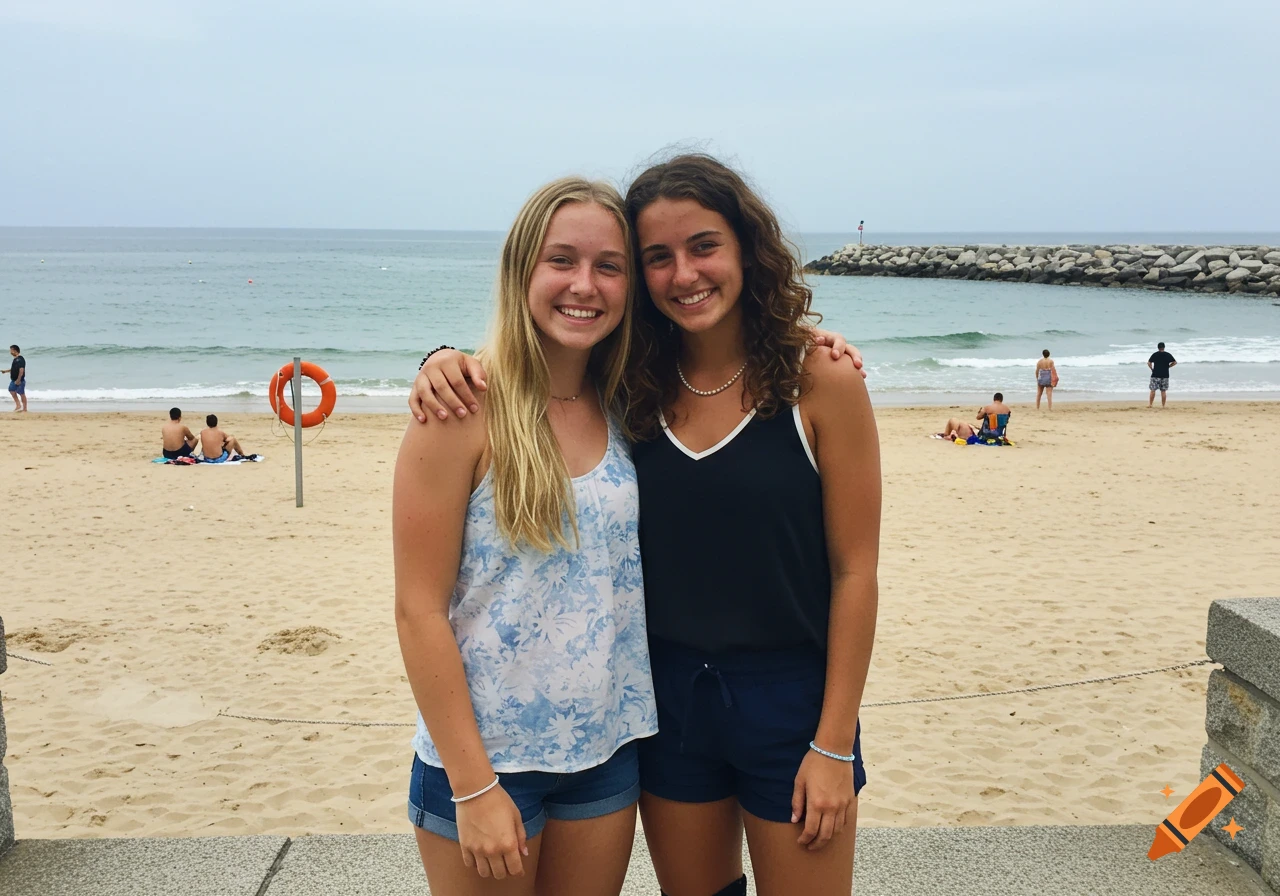 Two smiling young women embrace on a sandy beach with the ocean and a stone breakwater behind them.