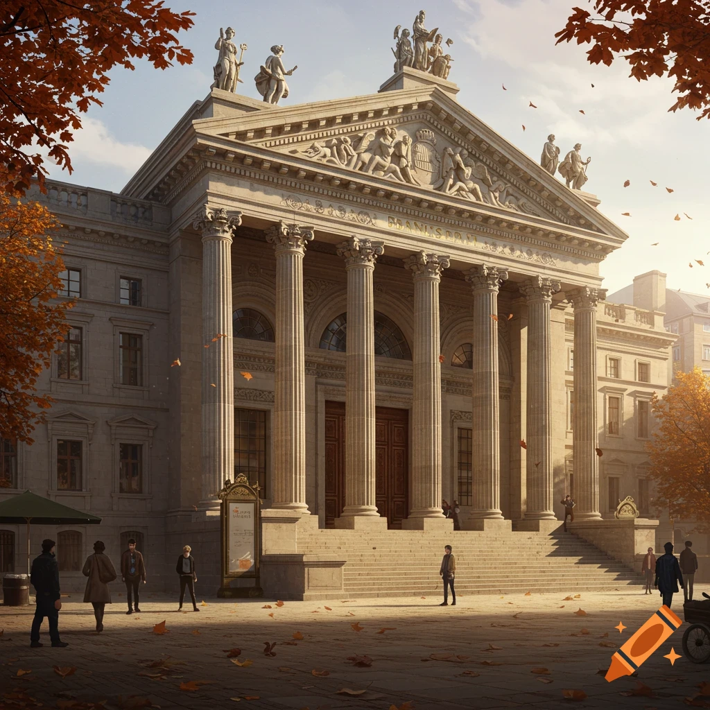 A grand neoclassical building with columns and statues, people on a plaza, and autumn leaves falling under a bright sky.