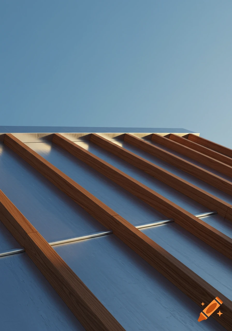 Close-up of a modern metallic roof with wooden battens under a clear blue sky.