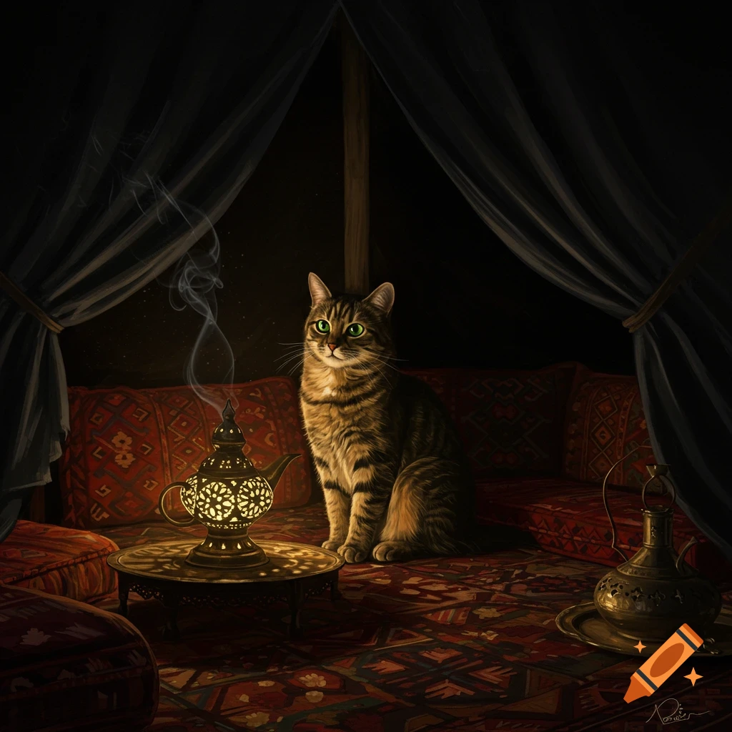 A tabby cat sits on a patterned rug inside a dark, richly decorated tent, illuminated by a glowing ornate lamp.