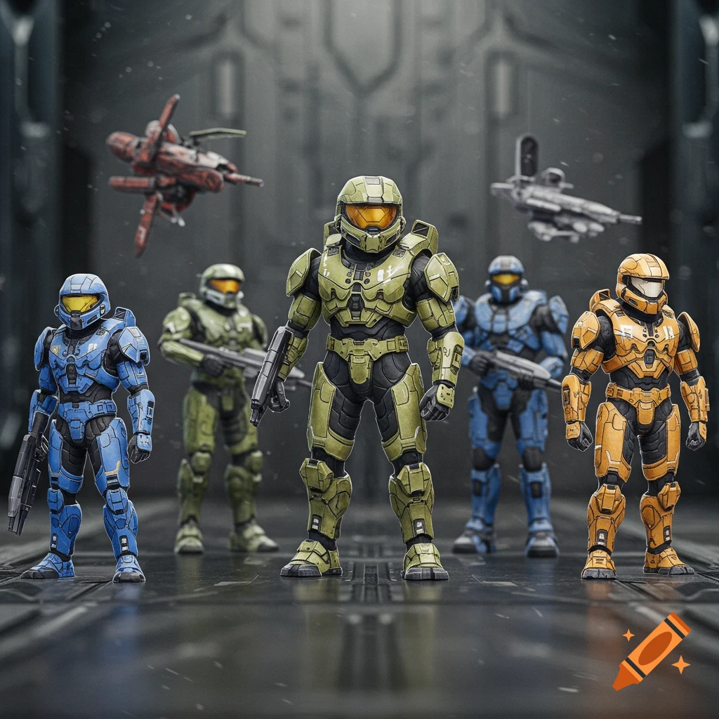 Five armored Halo-style Spartan action figures, in green, blue, and orange, stand on a metal floor with two spacecraft in the background.