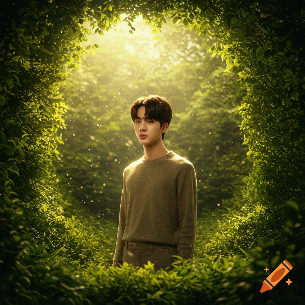 A young man with dark hair stands in a vibrant, sunlit forest, surrounded by dense green foliage forming an arch overhead.