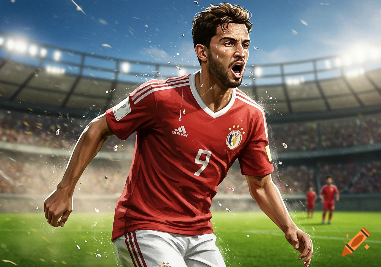 An illustrated male soccer player in a red jersey and white shorts, sweating on a green field in a stadium.