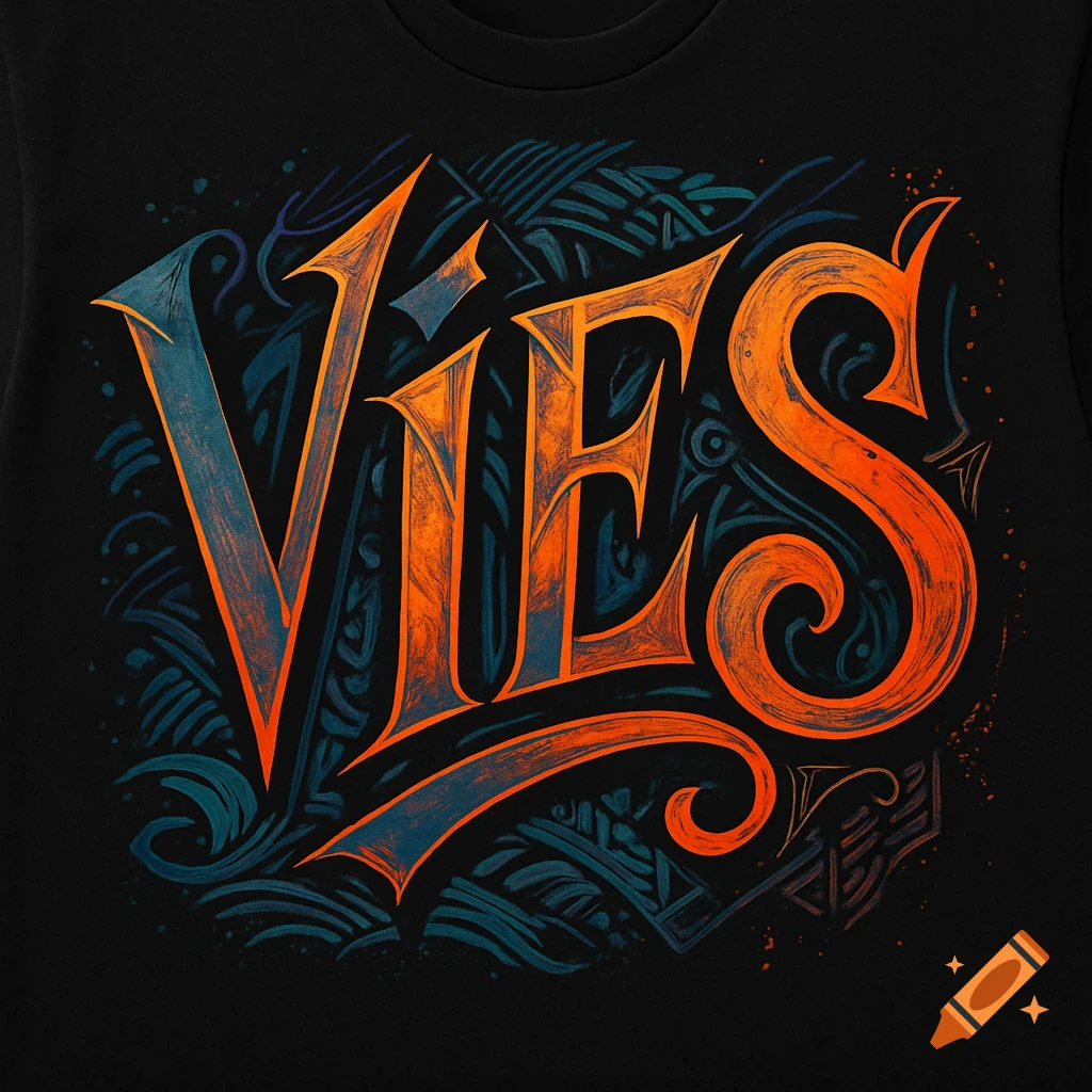 Stylized orange and blue 'VIES' lettering with abstract patterns on a black t-shirt.