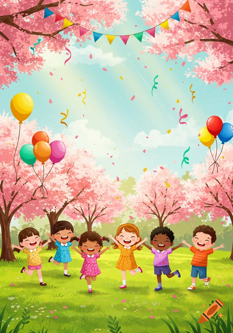 Joyful multicultural children playing in a vibrant park under pink cherry blossom trees with balloons, confetti, and colorful banners.