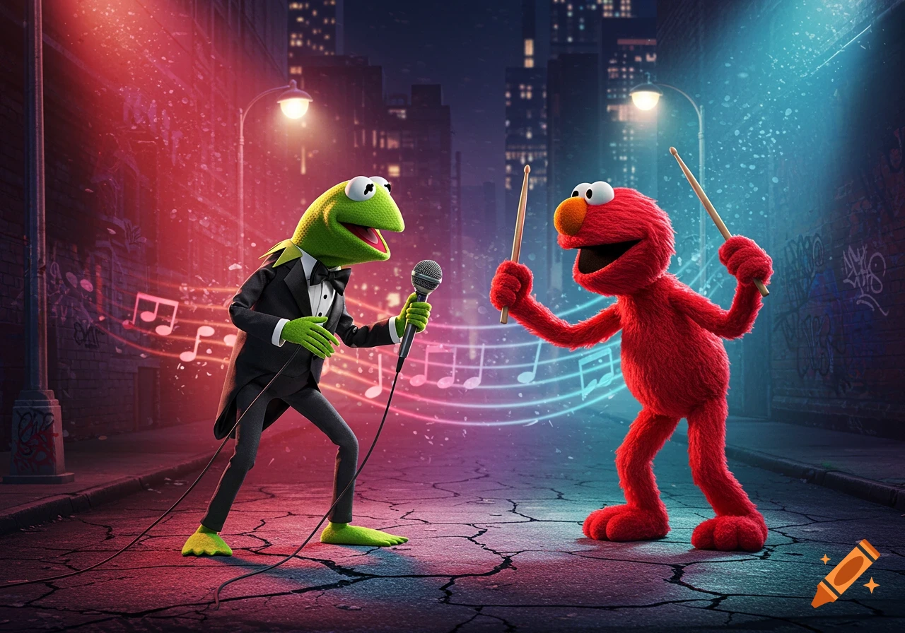 Kermit the Frog sings into a microphone while Elmo holds drumsticks on a neon-lit city street at night.