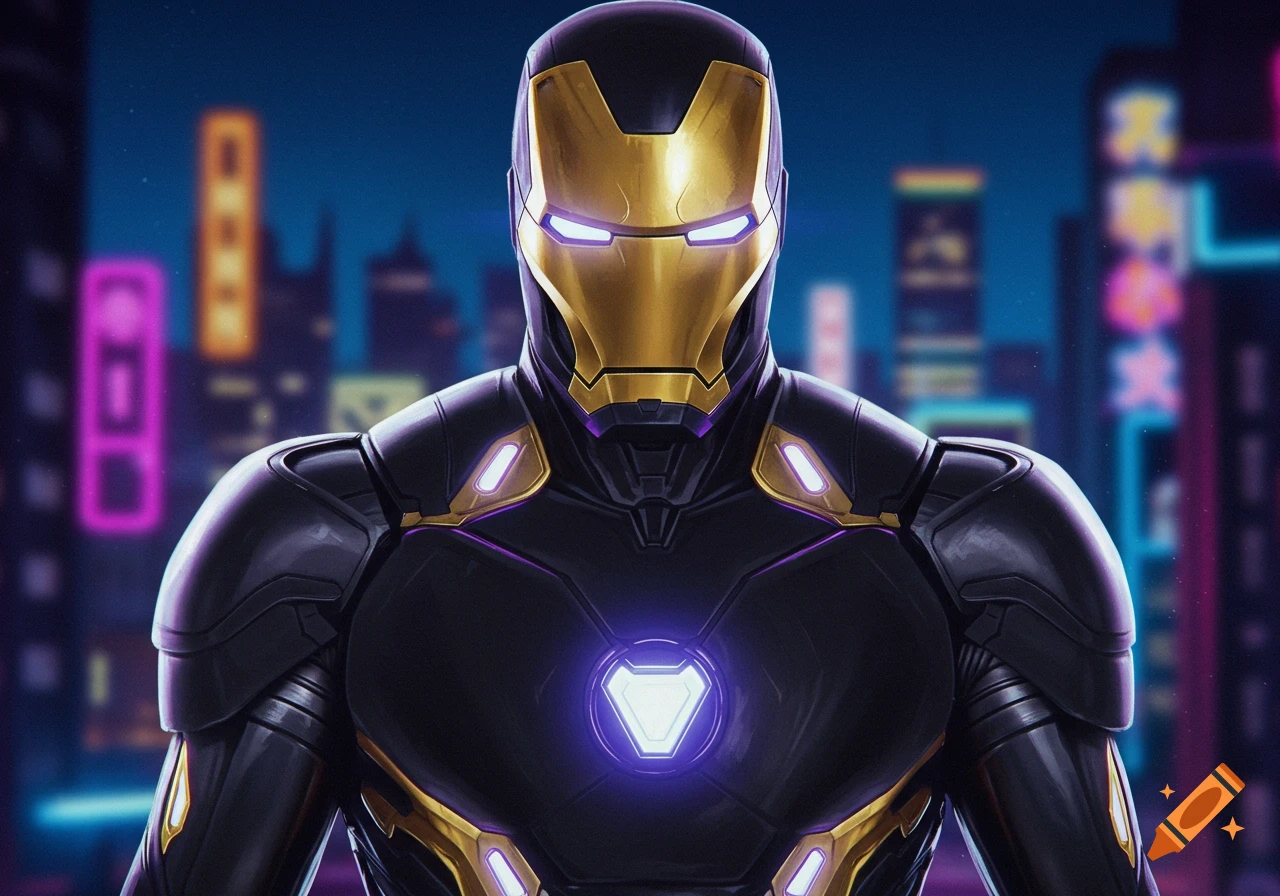 Iron Man in a black and gold armored suit with purple glowing accents, standing against a blurred neon city at night.