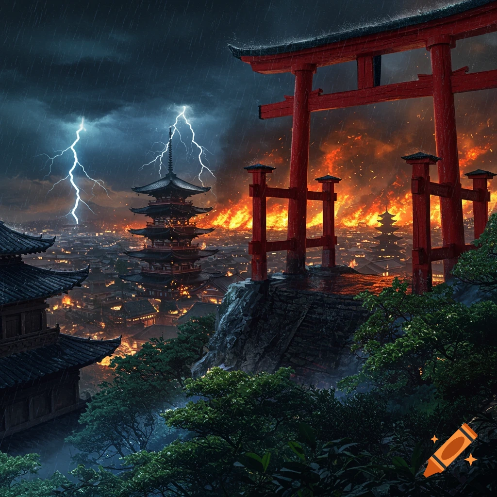 A dark fantasy illustration of a Japanese city on fire during a severe thunderstorm with lightning, viewed from a mountain shrine.