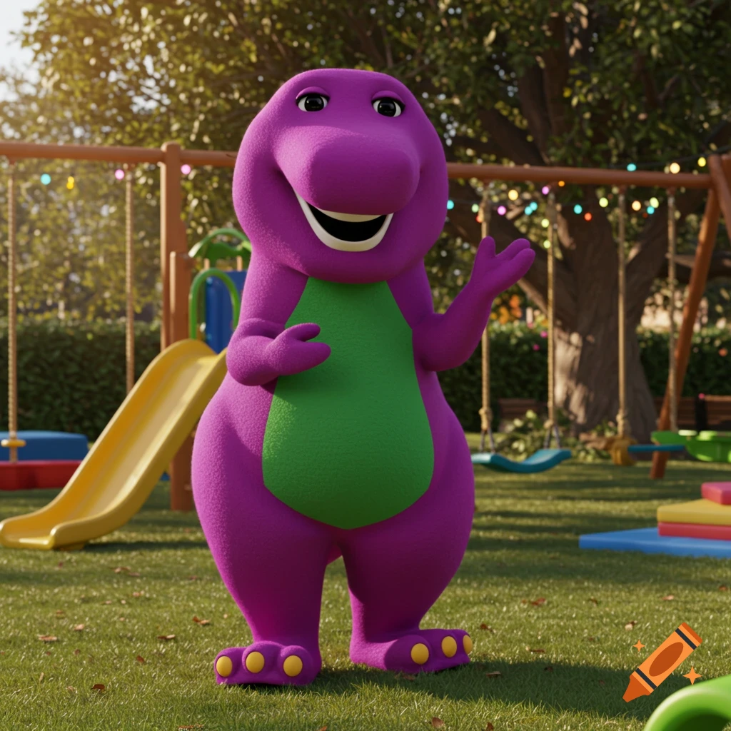A 3D rendering of Barney the purple dinosaur with a green belly, smiling and waving in a sunny playground.