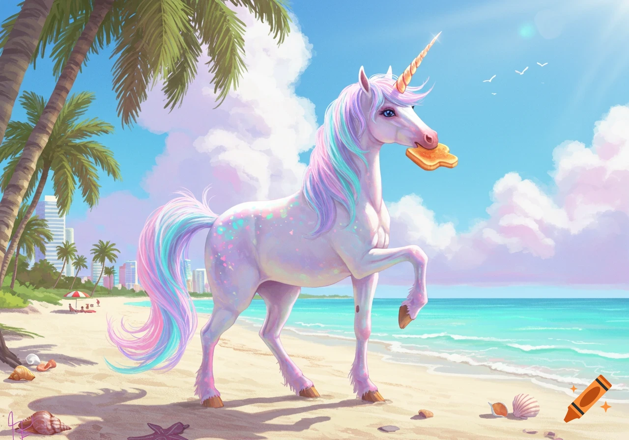 Whimsical illustration of a pastel-colored unicorn holding toast on a sunny Miami beach with palm trees and a city skyline.