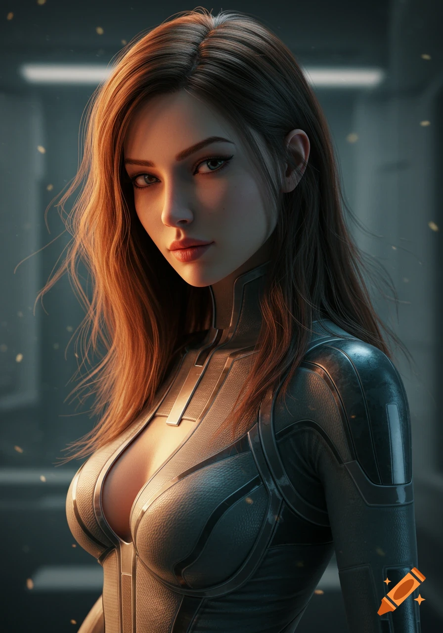 A hyperrealistic portrait of an attractive woman with long brown hair in a futuristic gray and black suit.