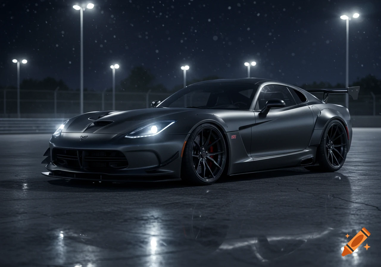 A sleek matte black widebody sports car with glowing headlights parked on a wet surface at night under bright streetlights.