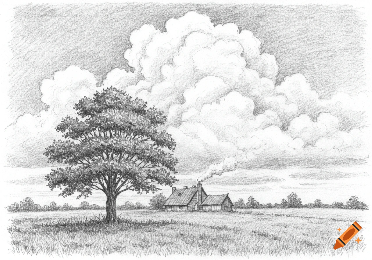 Pencil drawing of a serene rural landscape with a large tree, a small house with smoke from its chimney, and big fluffy clouds.