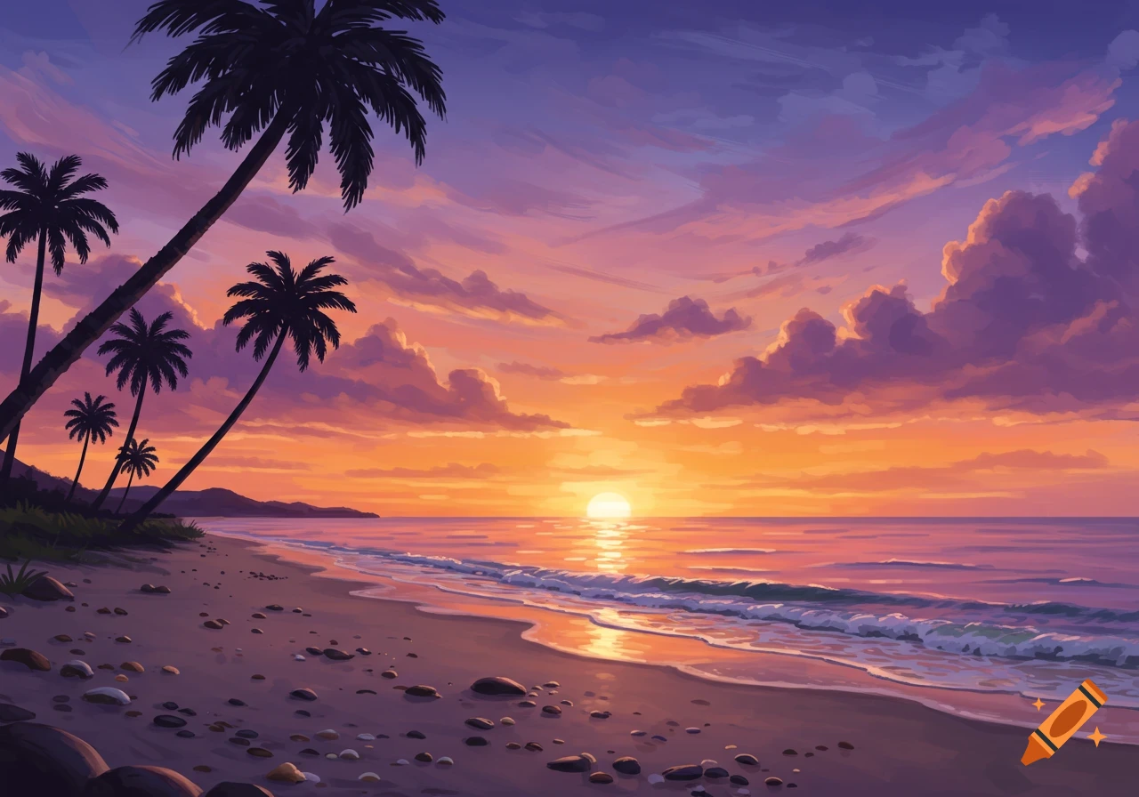 Vibrant, stylized sunset over a tropical beach with silhouetted palm trees and colorful sky.