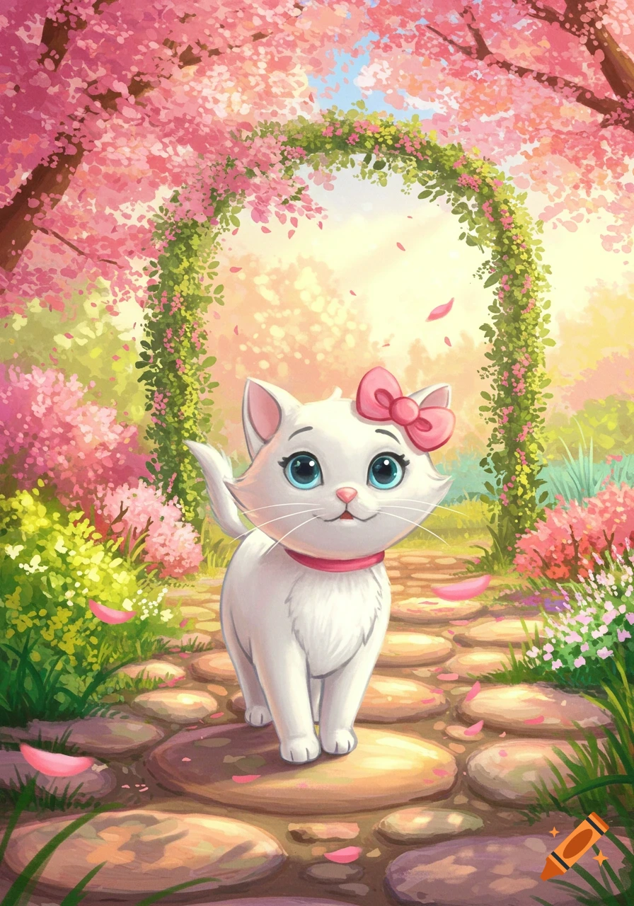 Cute white cartoon cat with a pink bow walks on a stone path under a pink cherry blossom arch in a sunny garden.