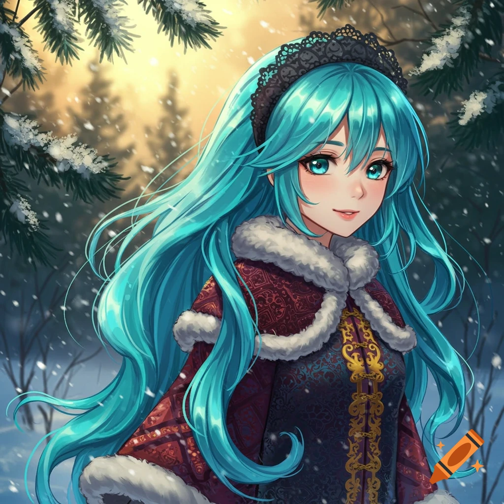 An anime girl with long turquoise hair and a black lace headband wears a fur-lined Russian-style coat in a snowy forest.