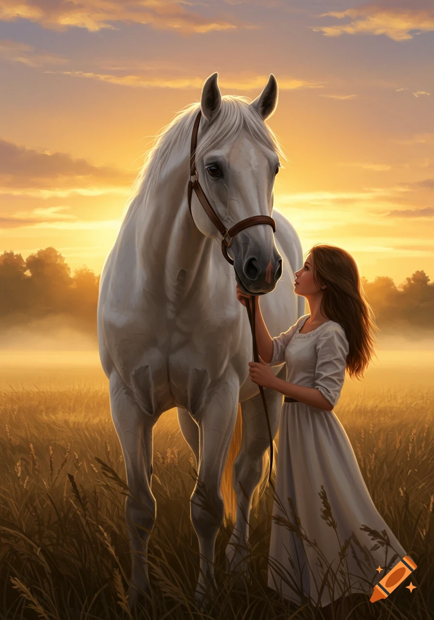 A girl with brown hair looks at a white horse, holding its bridle in a golden field at sunset, digital painting.