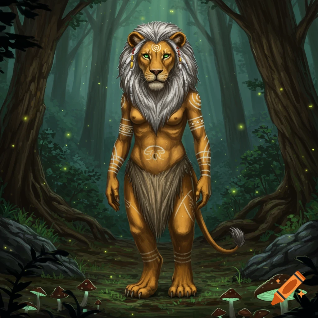 Anthropomorphic lioness with white mane and tribal markings stands in a magical forest with glowing mushrooms, digital art.