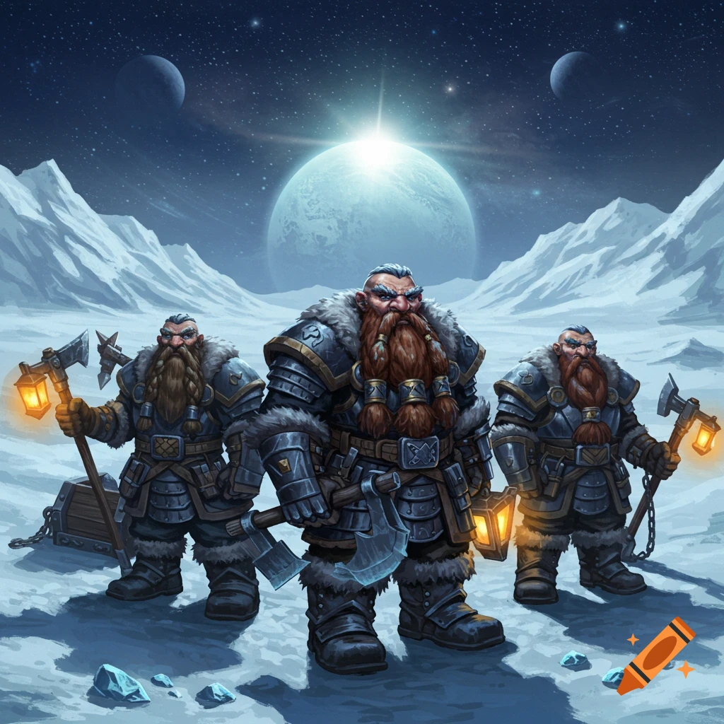 Three armored fantasy dwarves with axes and lanterns stand on a snowy alien planet under large moons in a fantasy illustration.