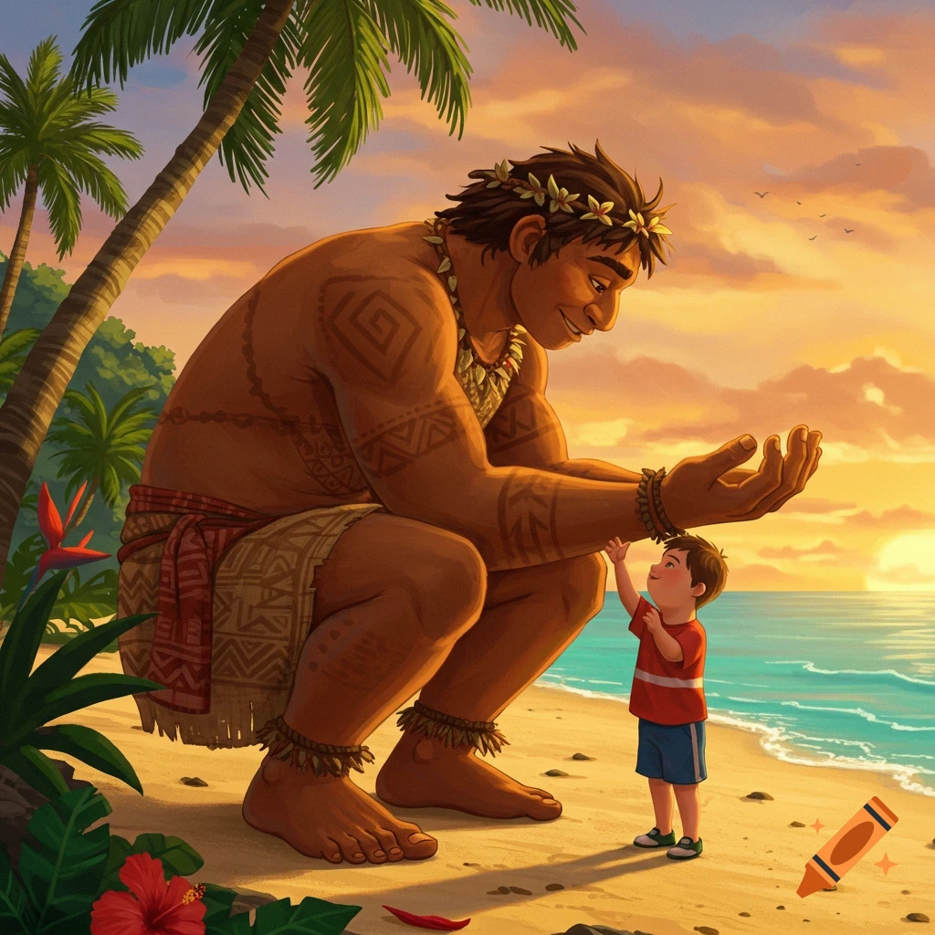 A giant Polynesian man with tattoos crouches on a tropical beach at sunset, smiling at a small boy who reaches for his hand.