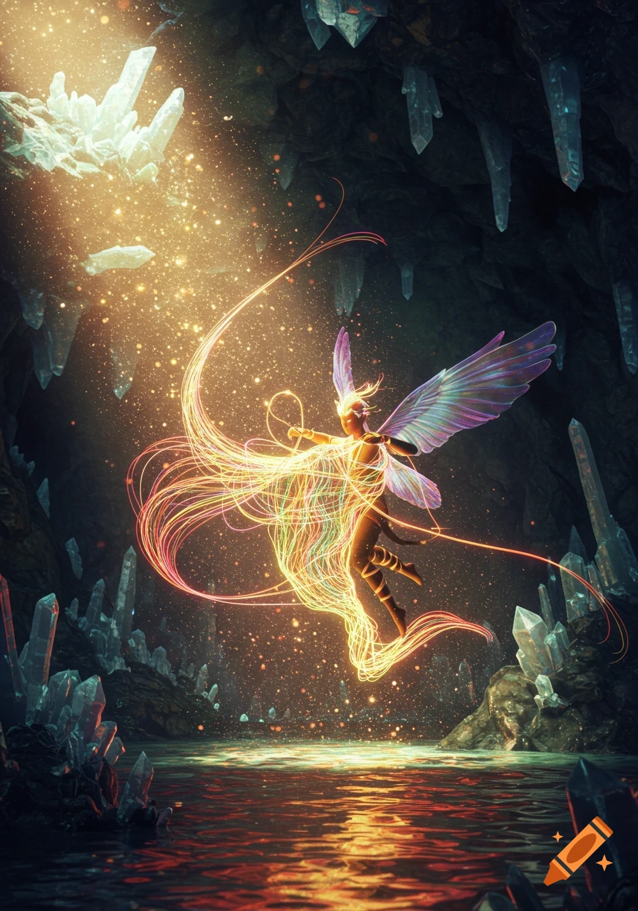 A vibrant, winged, fairy-like figure made of light trails floats in a dark crystal cave above reflective water.