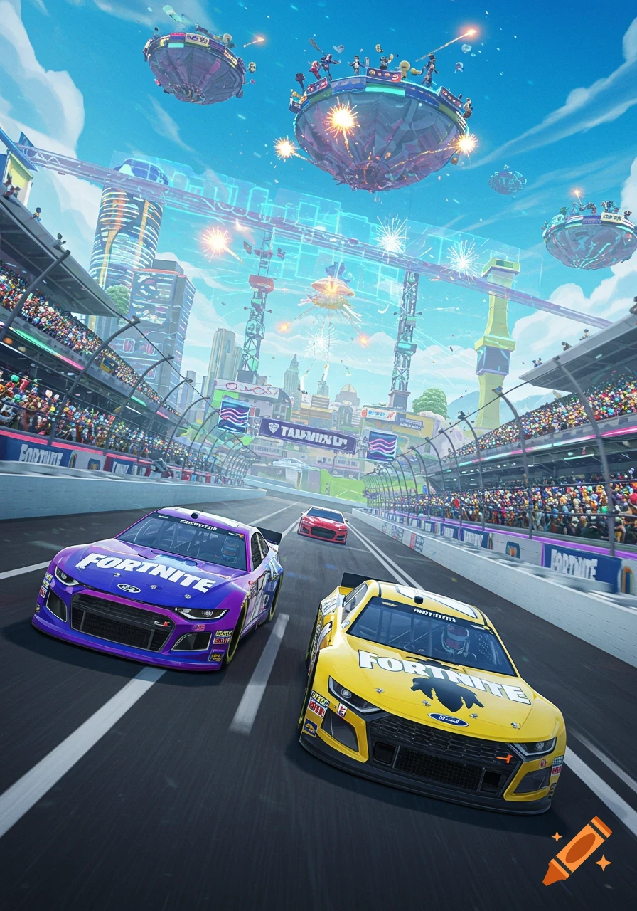 Fortnite-style NASCAR race with purple and yellow cars on a futuristic urban track under floating platforms.