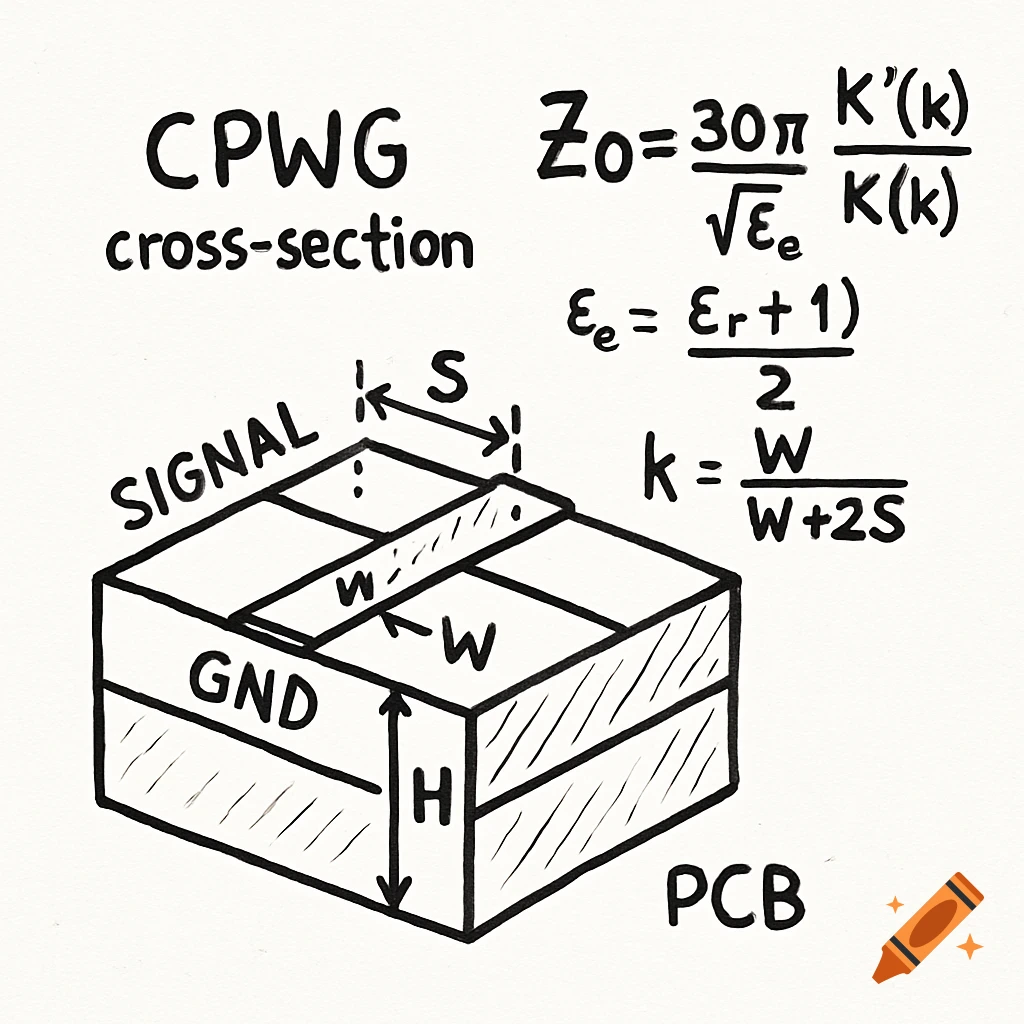 A hand-drawn doodle of a CPWG PCB cross-section, showing signal and ground traces with dimensions W, S, H, and associated characteristic impedance formulas handwritten next to it.
