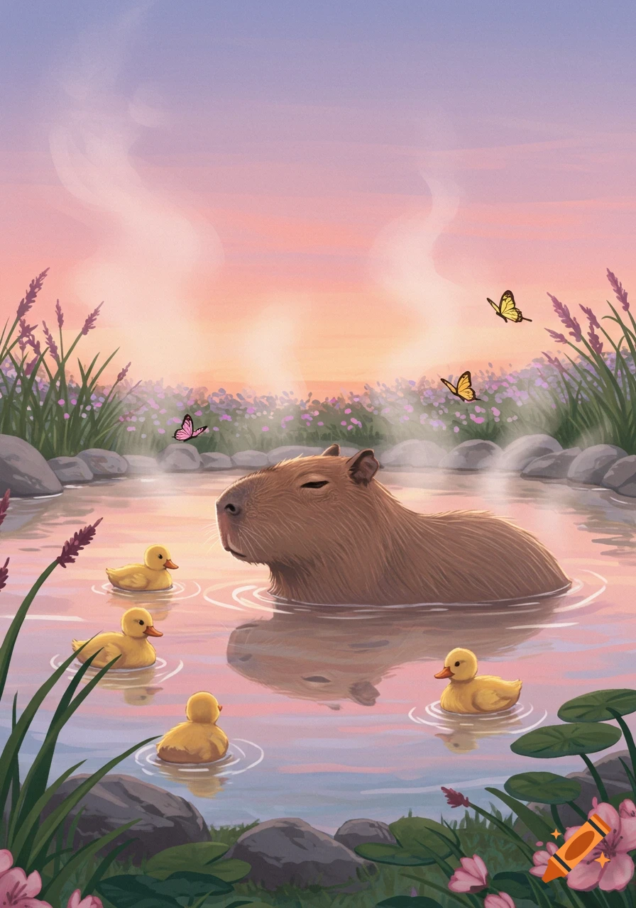 Illustrated capybara and ducklings relaxing in a steaming hot spring at sunset, surrounded by flowers and butterflies.