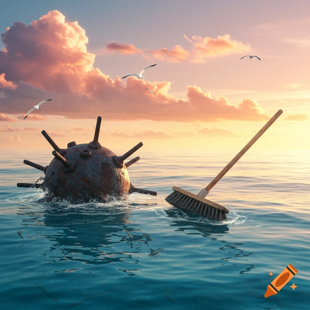A sea mine and a broom float side-by-side in a calm ocean at sunset, with seagulls flying above.