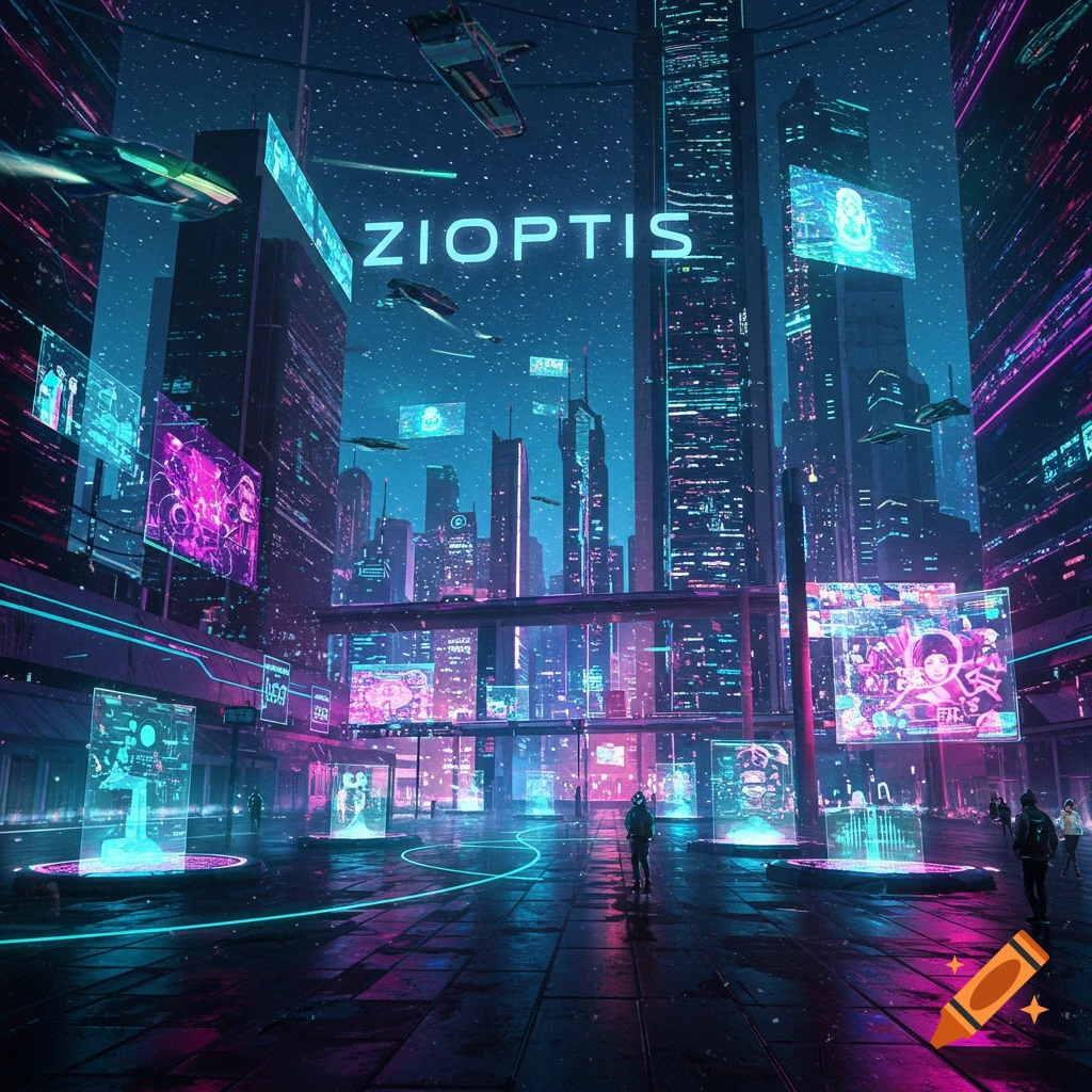A dark, futuristic cyberpunk city at night, illuminated by neon pink and blue lights, with flying vehicles and skyscrapers.