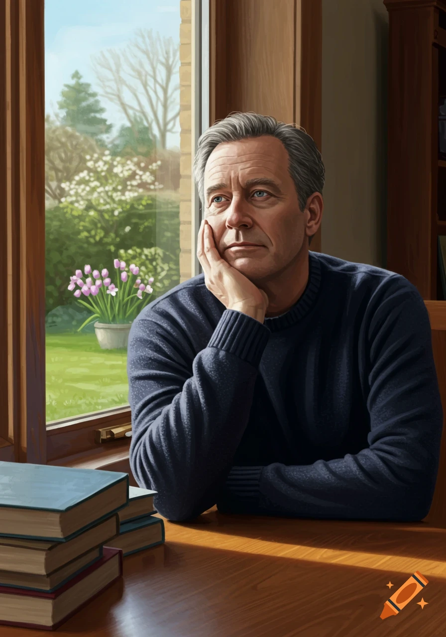 Pensive man looking out a window at a green garden. A stack of books rests on the table. Realistic digital painting.