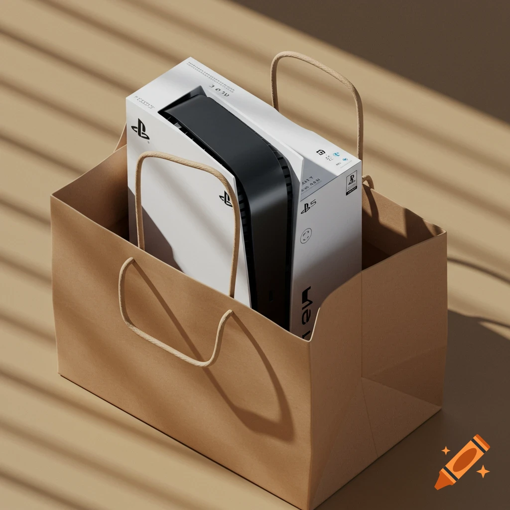 Brand new PlayStation 5 console and its box in a brown paper shopping bag, captured with cinematic lighting and shadows.