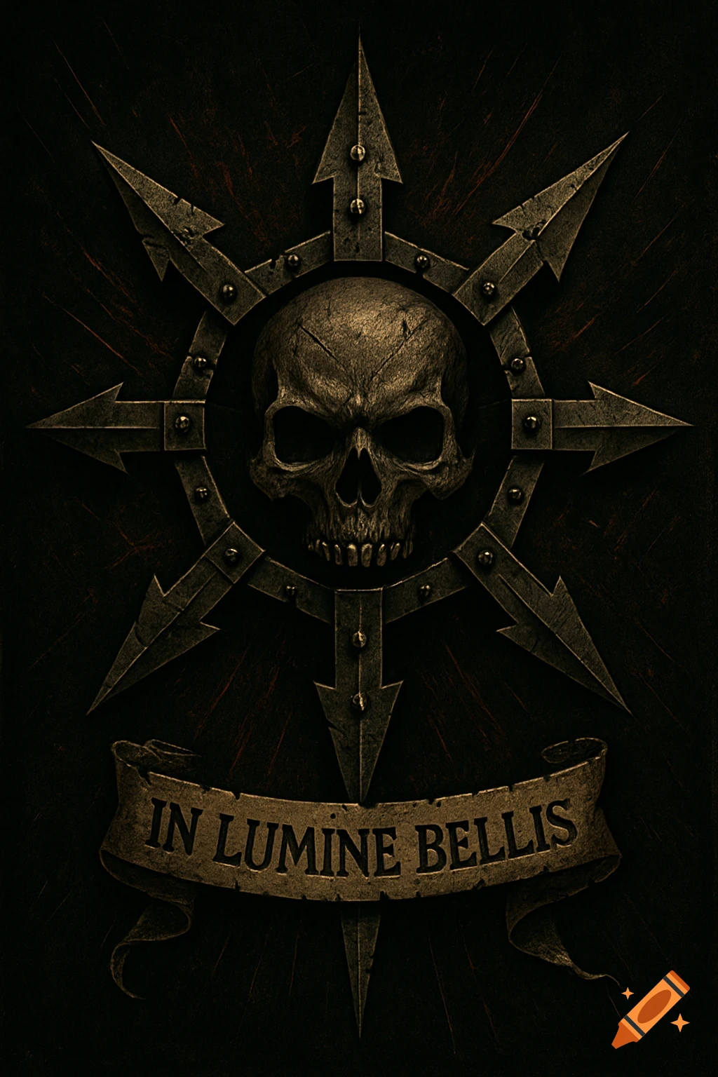 A grimdark gothic emblem featuring a weathered skull within a metallic eight-pointed star, with a banner reading "IN LUMINE BELLIS".