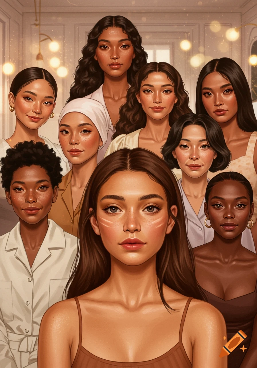 Stylized digital illustration of nine diverse women, some with freckles and stylized makeup, looking directly forward in an indoor setting with warm lighting.